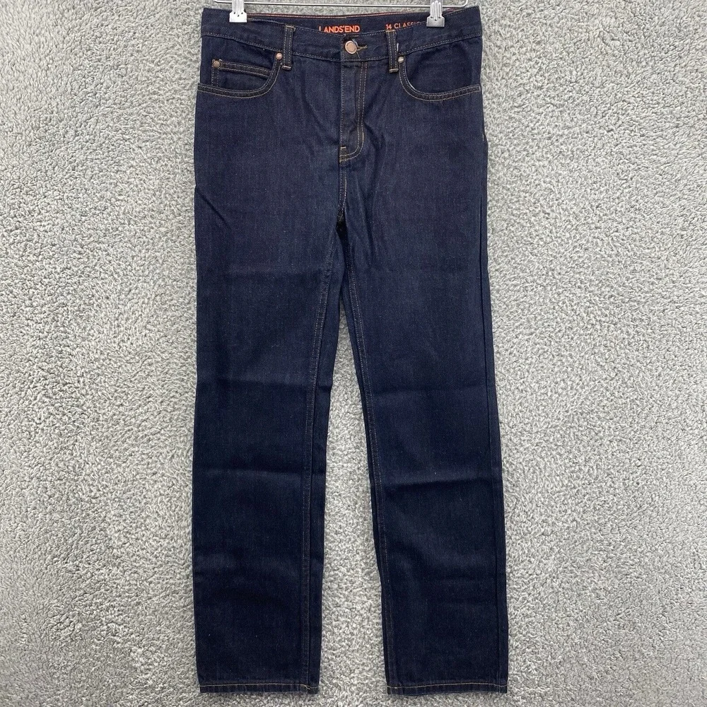 Lands End Blue Jeans Youth Boys Sz 14 Dark Wash Cotton‎ Denim Classic Fit EUC